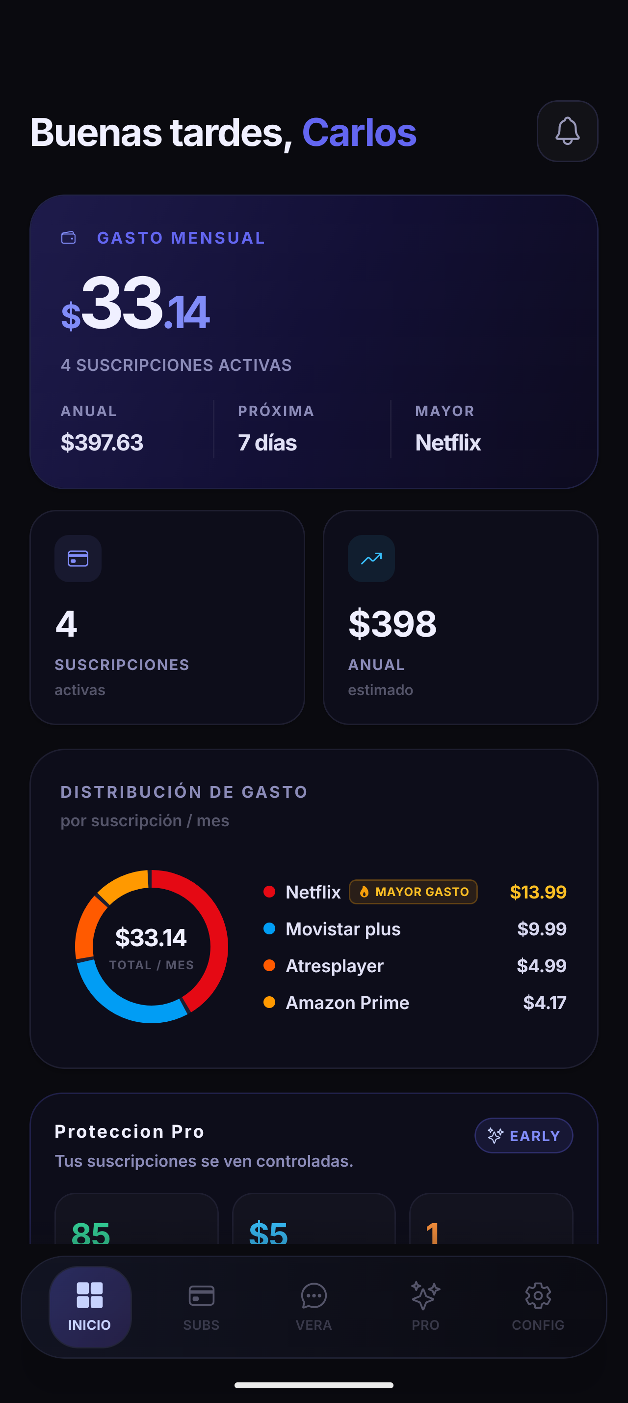 Panel principal de Vaulta mostrando recordatorios de pago y gastos mensuales
